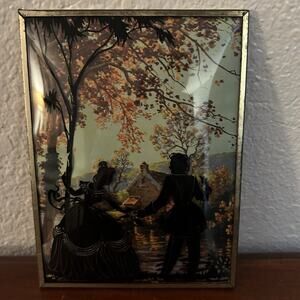 Vintage CONVEX GLASS Silhouette Colonial Courting Couple Fall Scene Cottage Pond